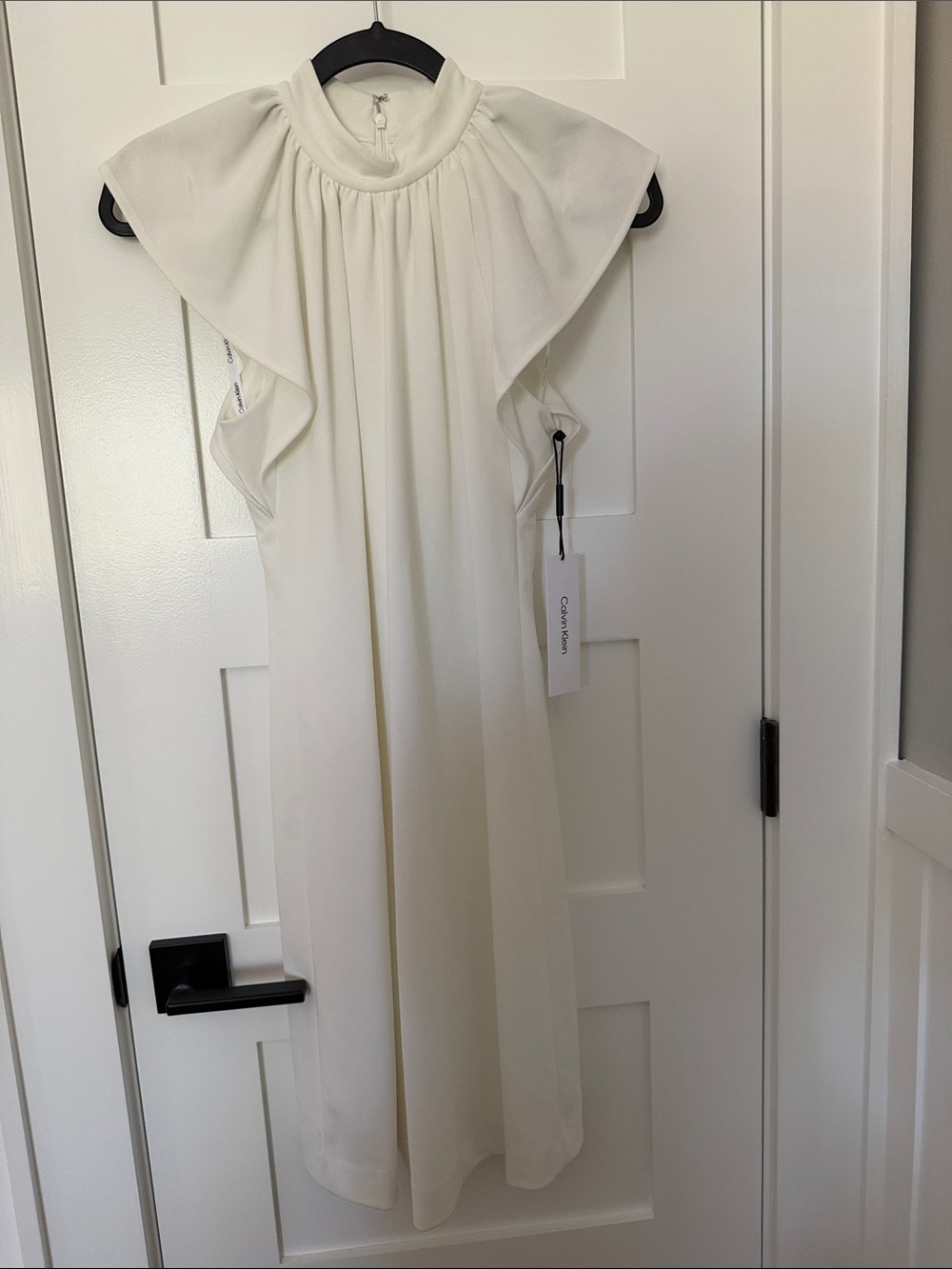 Calvin Klein Ivory High-Neck Flutter Sleeve Dress